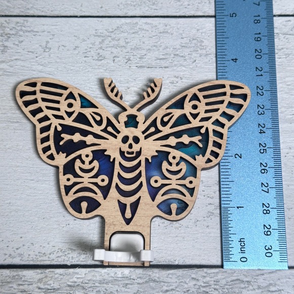 Handmade Death Moth Night Light Wooden Laser Cut Blue Purple Teal Illuminated - Picture 4 of 5